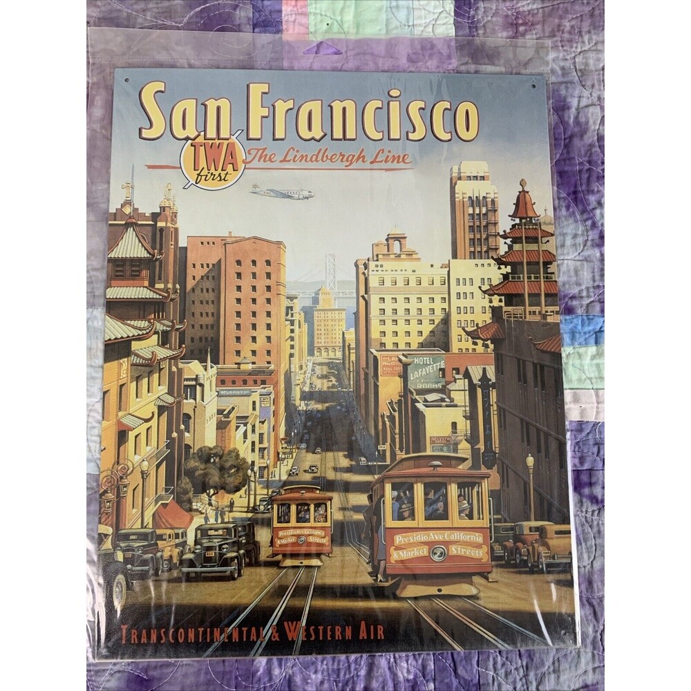 Kerne Erickson San Francisco Vintage TWA Lindbergh Tin Metal Wall Art 12.5x16